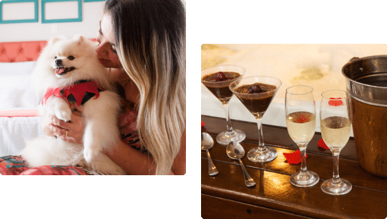 Cachorro com mulher e taças com bebidas - Hotel Doral Guarujá